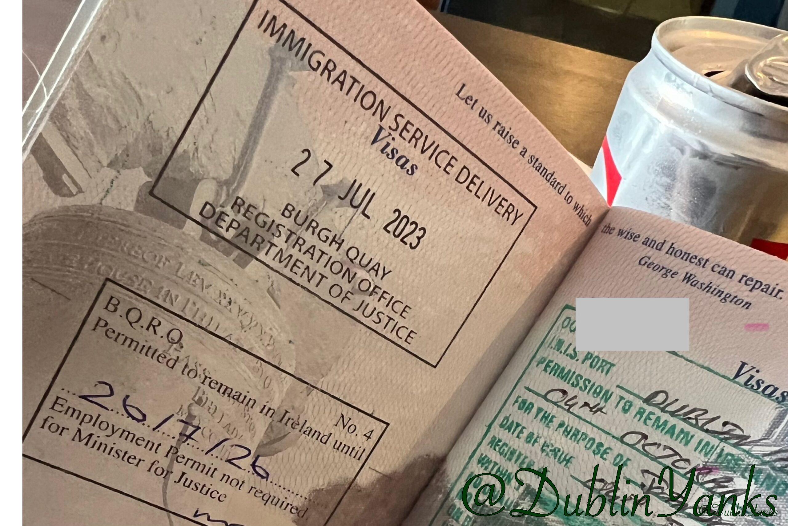 Stamp 4 Irish Residence Permit stamp in passport 27 Jul 2023
